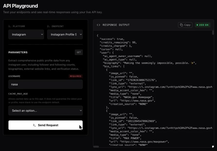 SignalQub API Playground showing an Instagram Profile Scraper request for the nasa account and a 200 OK JSON response