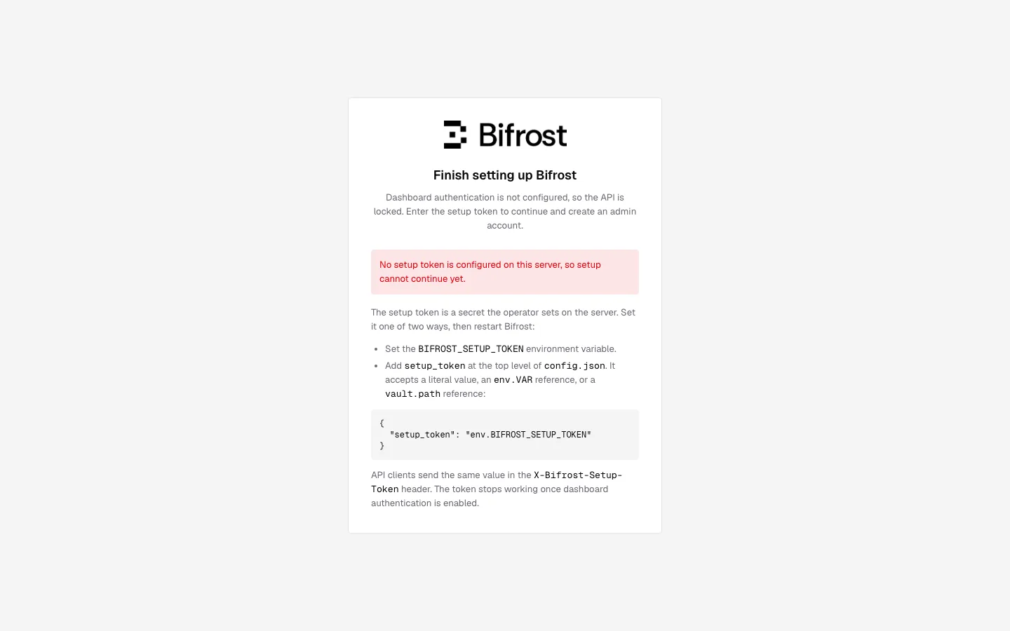 Bifrost 2.3.2 asking for a setup token before the dashboard can be used