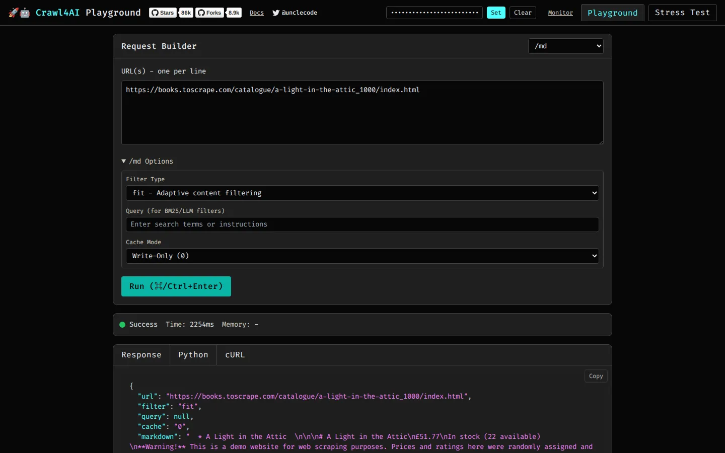 Turning a product page into Markdown in the Crawl4AI 0.9.5 playground