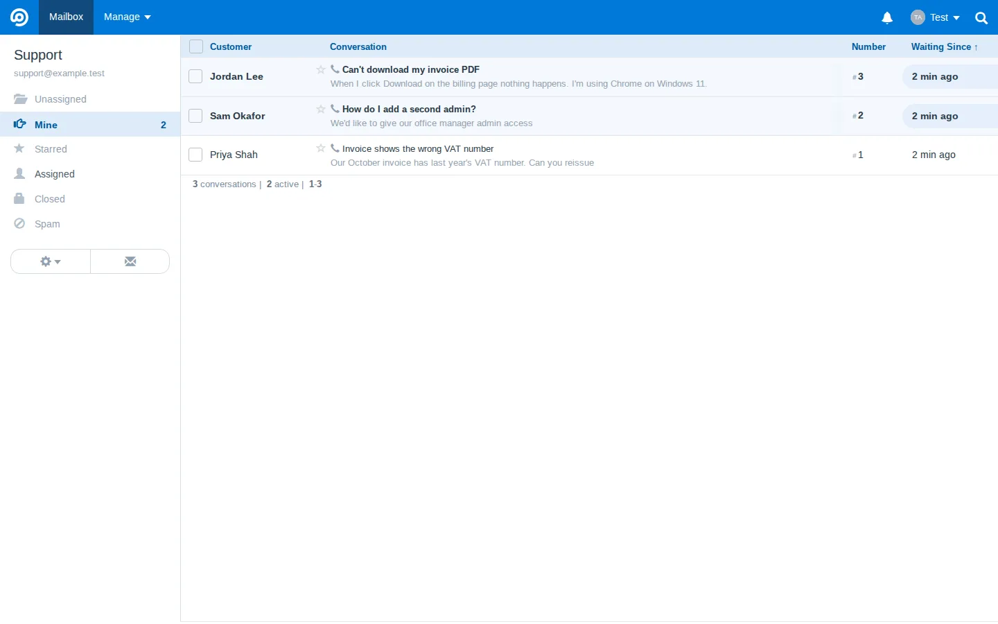 The FreeScout Mine folder with three test tickets