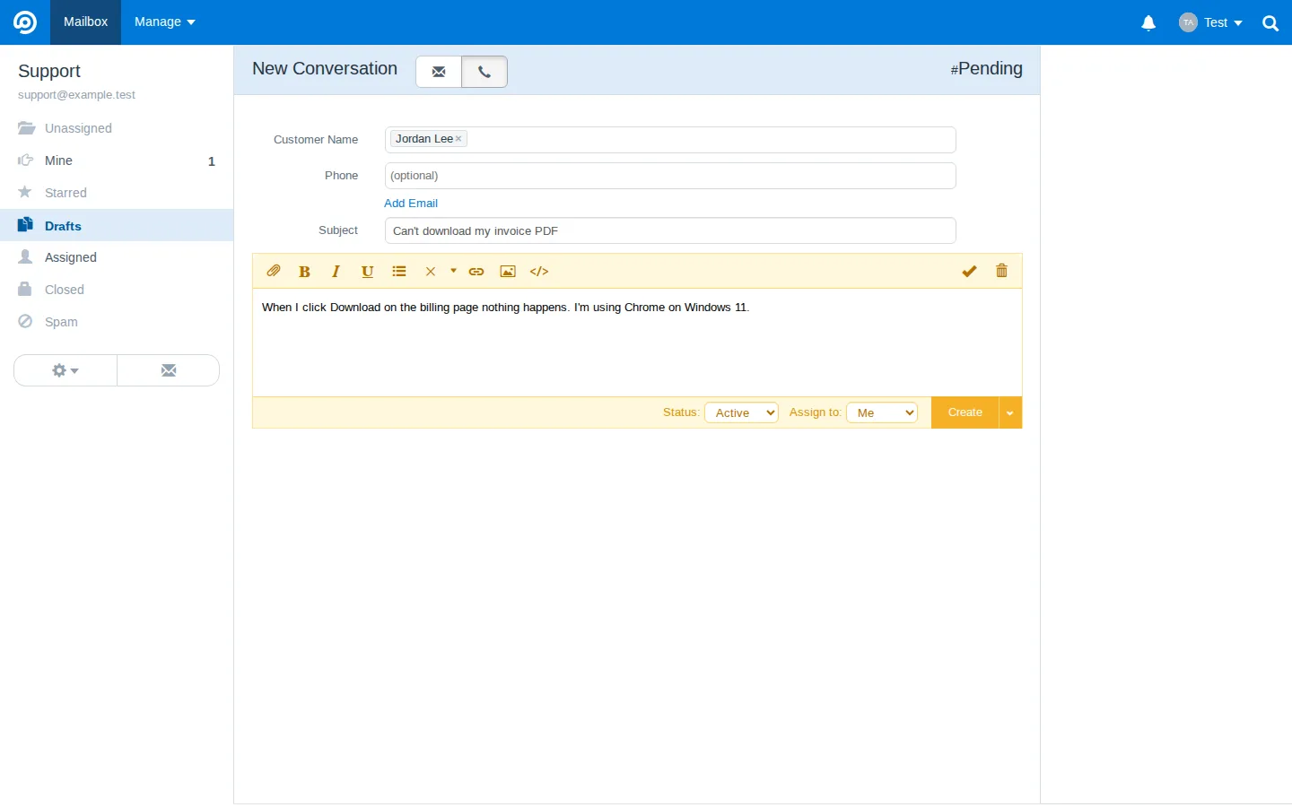 Logging a phone ticket in FreeScout 1.8.248