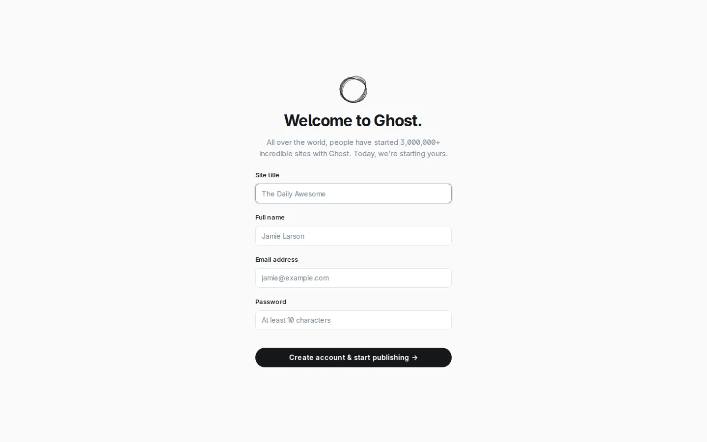 Ghost 6.71.0 admin setup screen