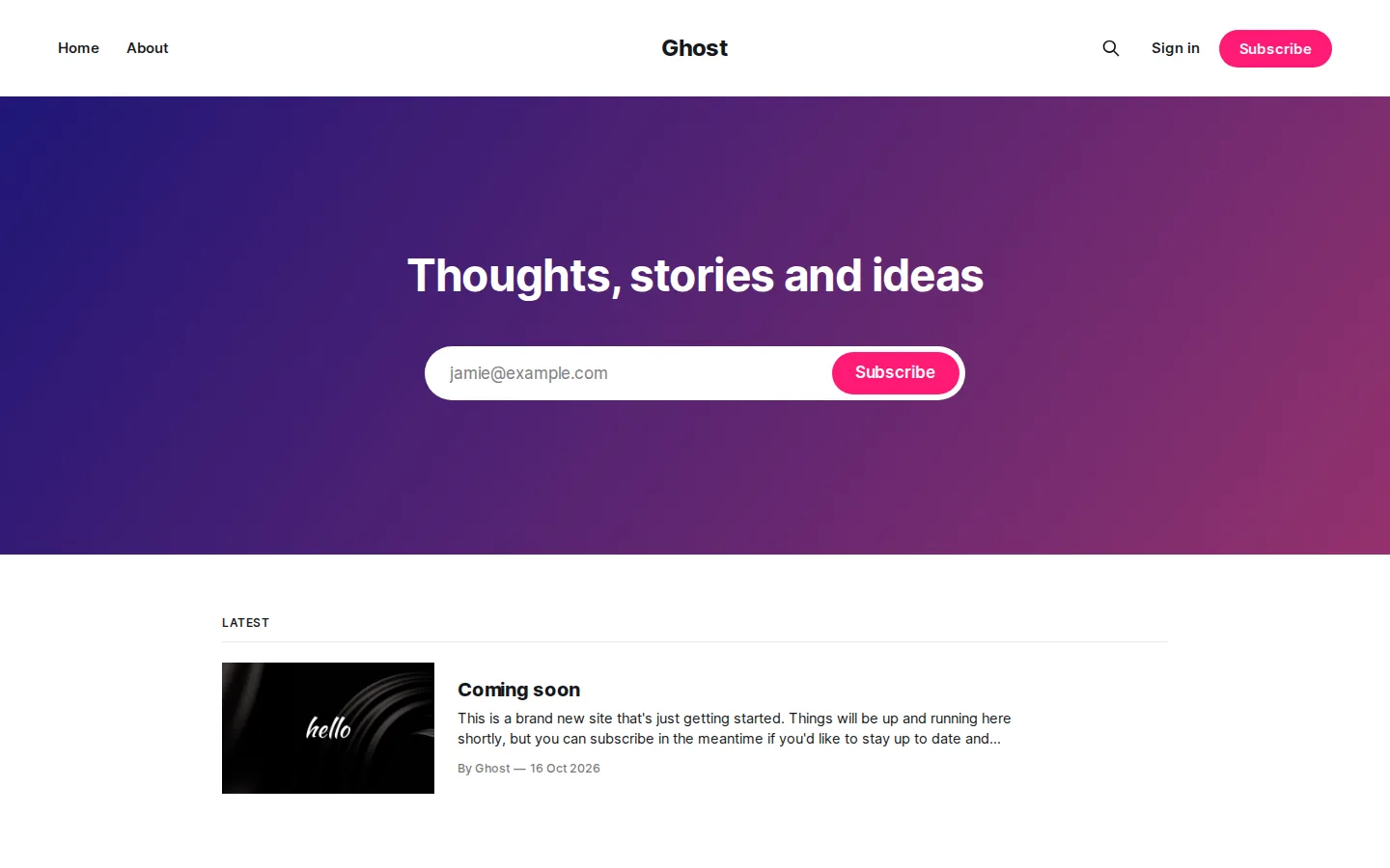 A fresh Ghost 6.71.0 site with its default theme