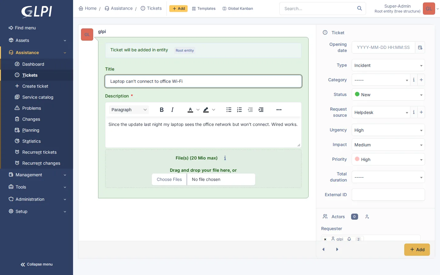 The GLPI 12.0.0 ticket form with ITIL fields
