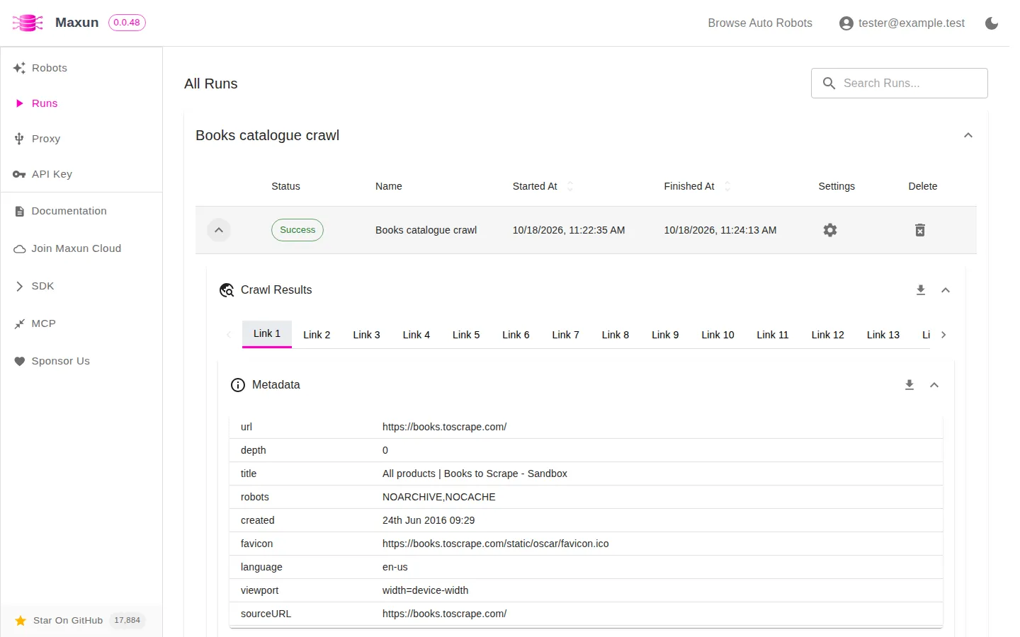 Results of a 50-page Maxun crawl robot, page by page