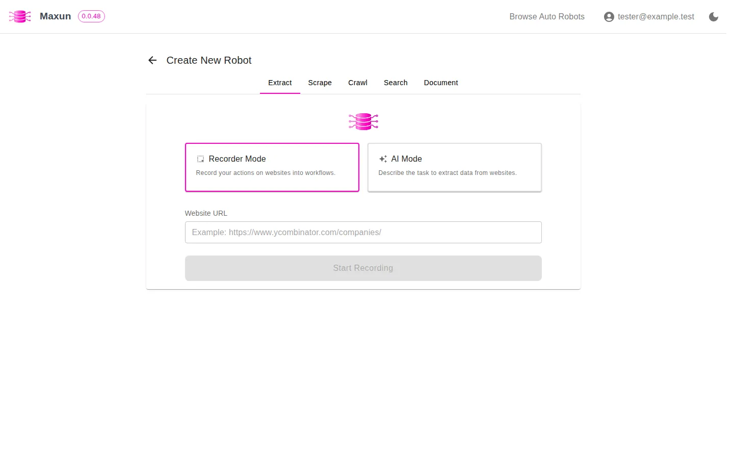 Creating a robot in Maxun 0.0.48, with extract, scrape, crawl, search and document modes