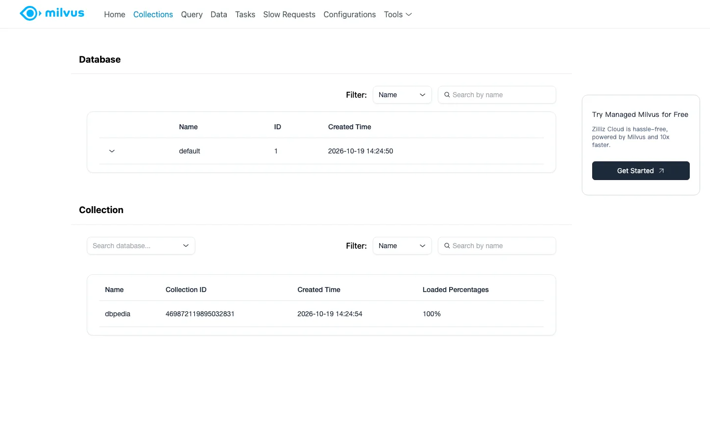 The dbpedia collection loaded in the Milvus web UI