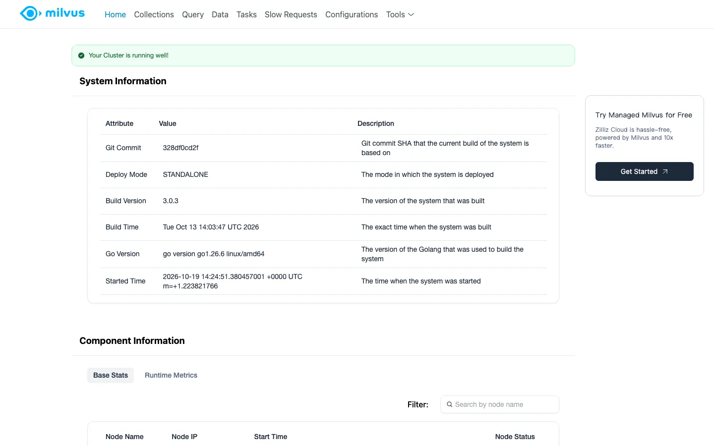 System information in the Milvus 3.0.3 web UI