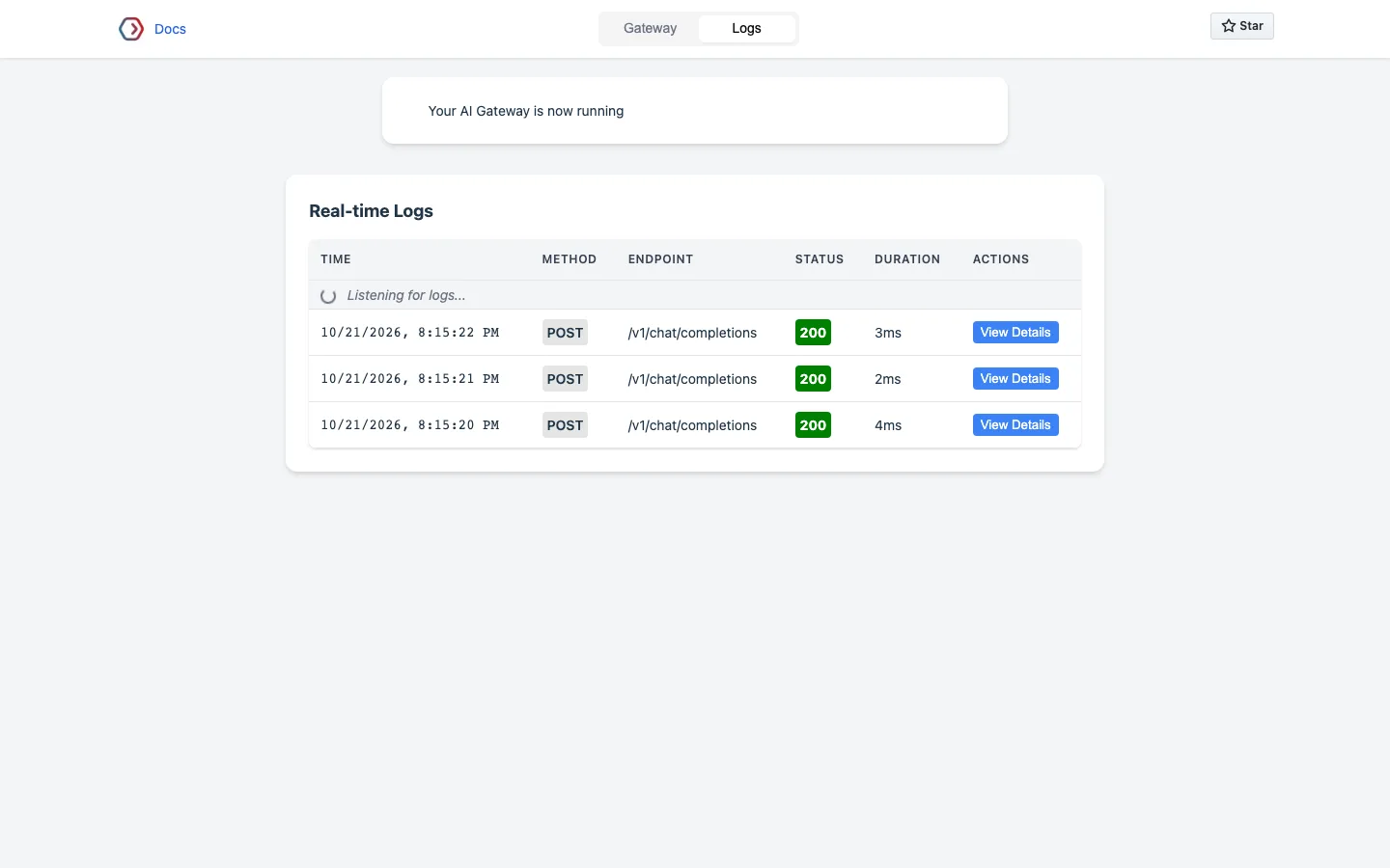 Live request logs in the Portkey console, open to anyone who can reach the port