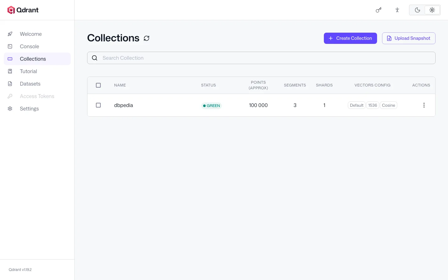 The dbpedia collection with 100,000 points in the Qdrant dashboard