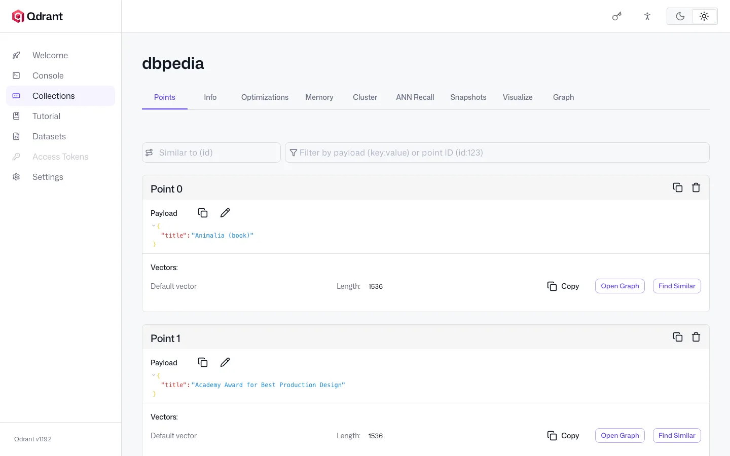 Points and their payloads in the Qdrant 1.19.2 dashboard