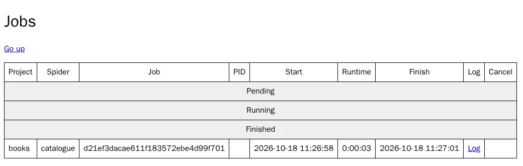 Our finished Scrapy job on the Scrapyd jobs page
