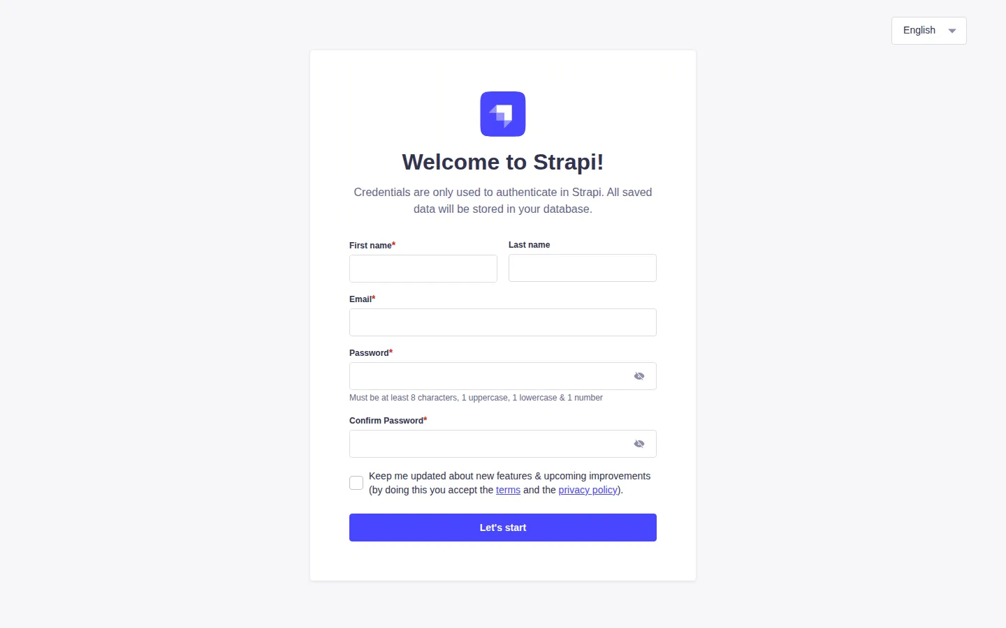 Strapi 5.58.0 admin setup screen