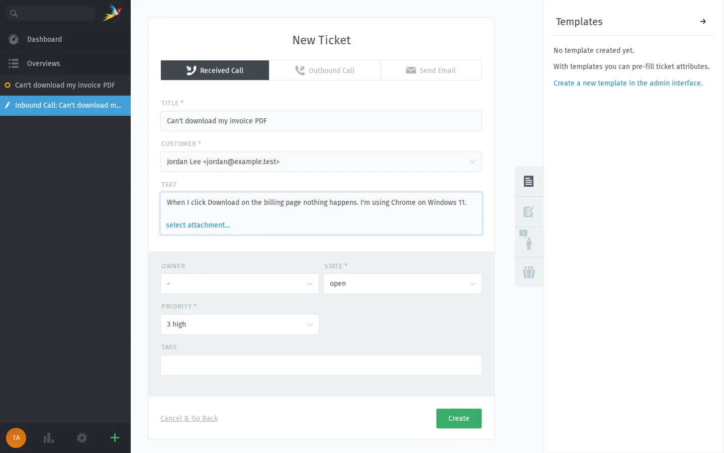 Logging a received call as a ticket in Zammad 7.2.2