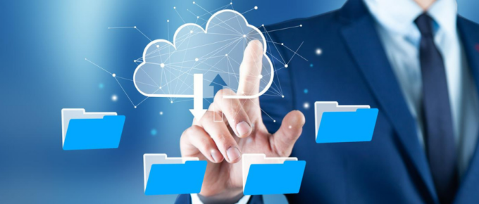 A man in a suit is holding a folder with a cloud on it.