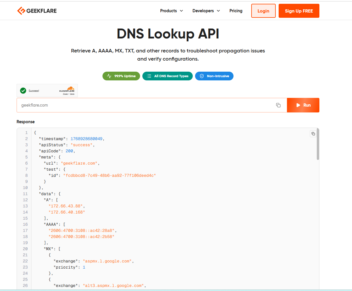 geekflare DNS lookup aPI