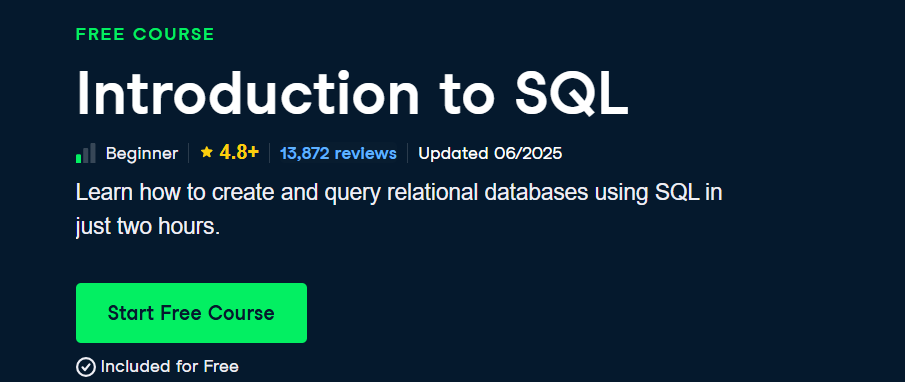 Introduction to SQL at DataCamp