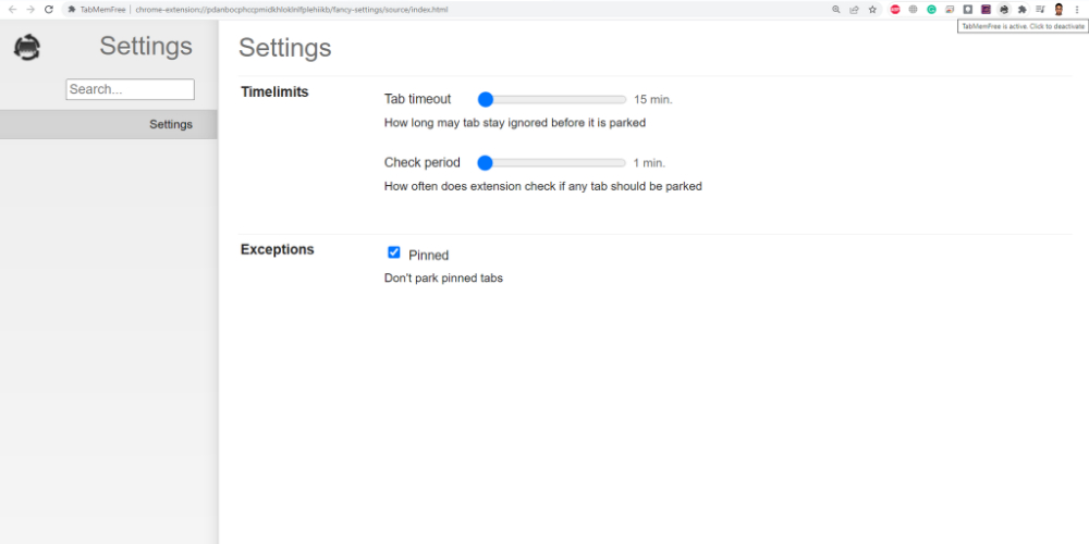 TabMemFree user interface; memory usage