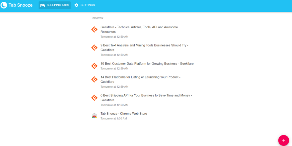 Tab Snooze user interface; memory usage