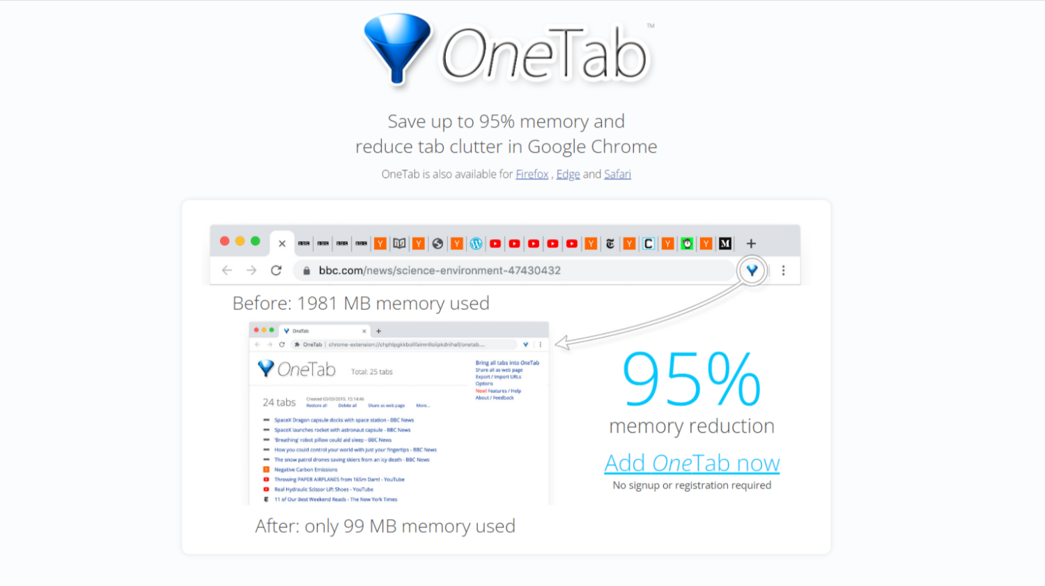 OneTab Extension for Google Chrome Save up to 95% Memory Reduce Tab Clutter