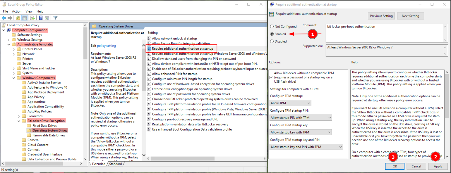 pre boot authentication bitlocker set up