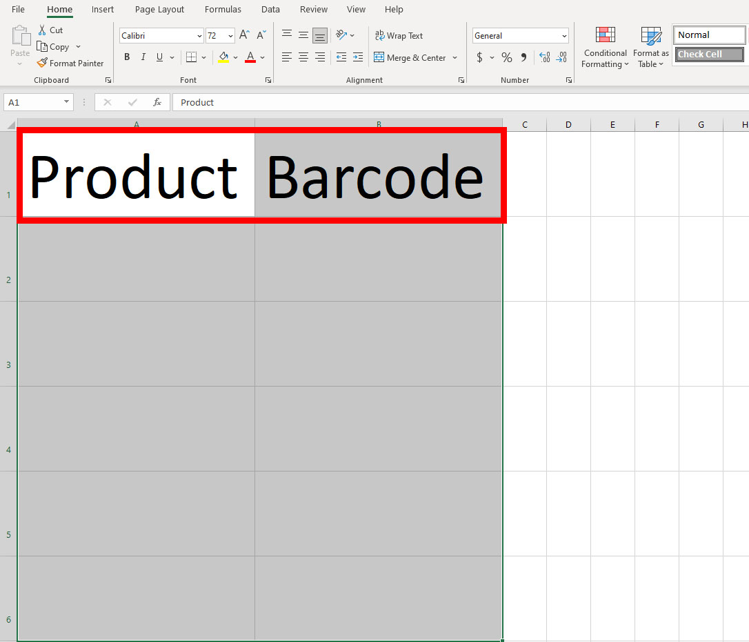 Naming two column headers in Excel for barcodes