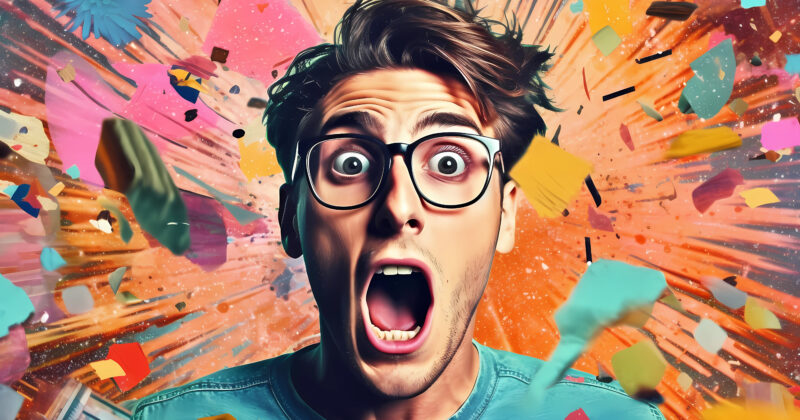 A man with a blue shirt Crazy emotions of a hipster guy Journalstyle collage with joyful emotions AI generation