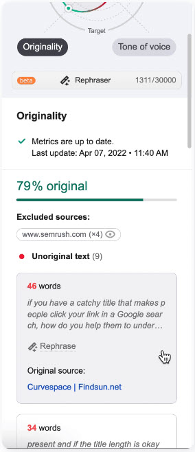 Semrush SEO Writing Assistant tool Content Originality