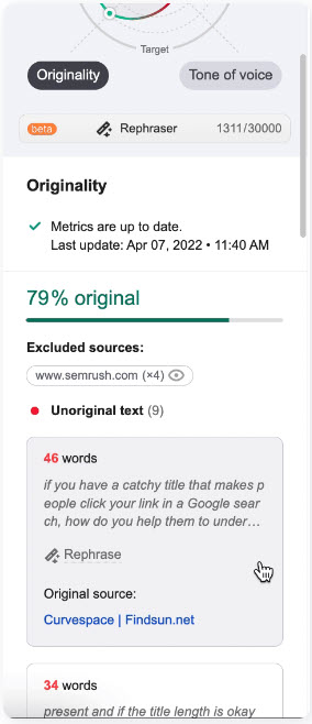 Semrush SEO Writing Assistant tool Content Originality