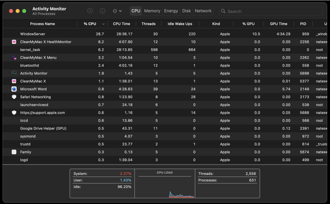 cleanmymac-Aktivitätsmonitor