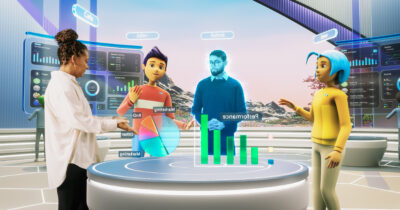 Online Business Meeting in Virtual Reality Office. Real Female Manager Standing Next to Two Avatars of Colleagues, and a Hologram of Another Specialist. Futuristic 3D Universe Concept.