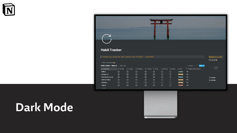 notion habit tracker planner aesthetic dark mode in 2023