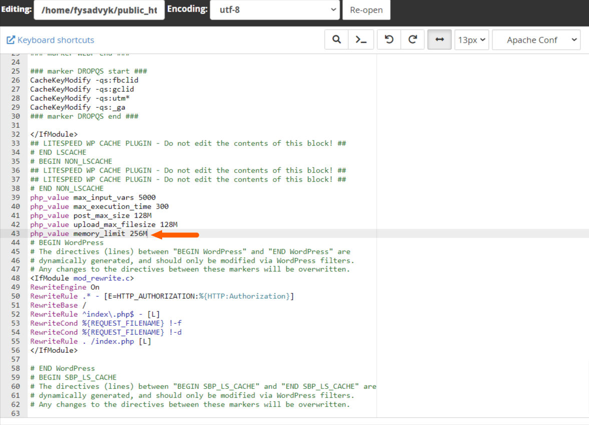 cPanel .htaccess memory limit fixing