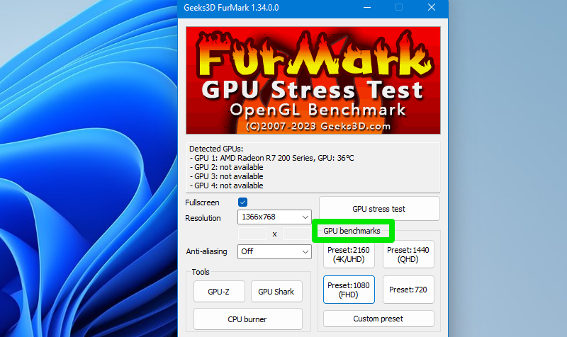 Test case results for Furmark benchmark