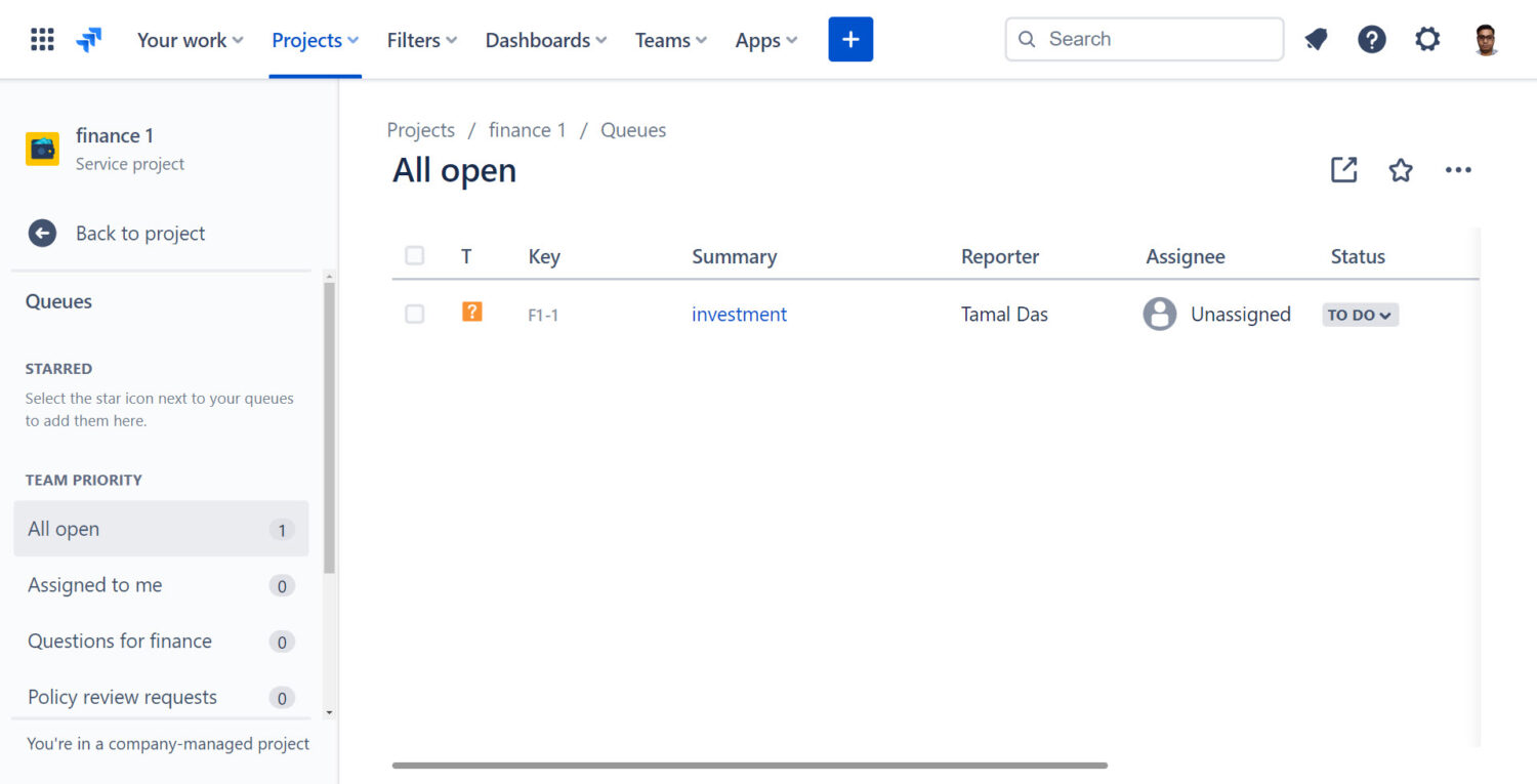 Finance project on Jira service management