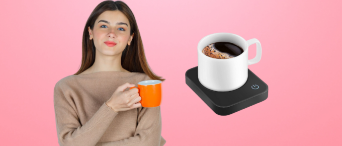 A woman is holding a cup of coffee next to a coffee maker.