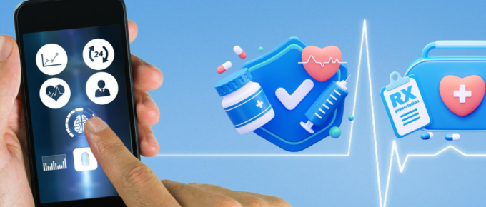 A person holding a smartphone with medical icons on it.