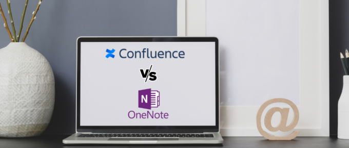 A laptop displaying the word "confidence" contrasts between Confluence and OneNote.
