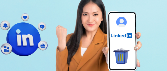 A woman holding up a phone with the linkedin logo on it.