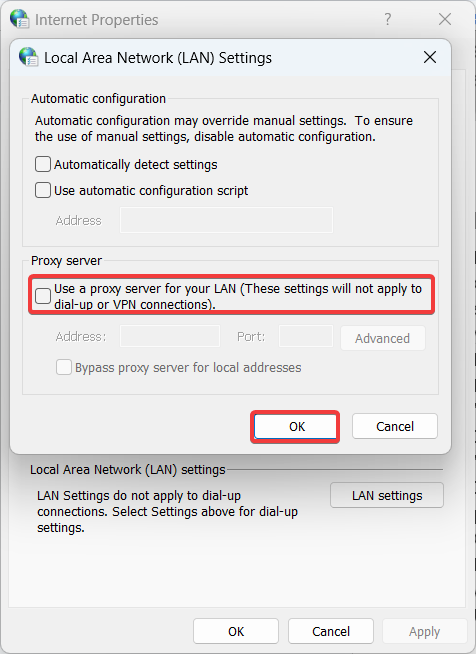 local area network settings displaying Error 0x80072ee7.