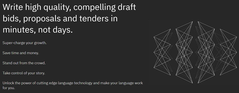 A Đen background with text that says write quality, compelling drafts, bids, proposals and tenders in minutes.