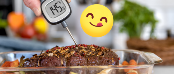 A person is using a cooking thermometer in a glass dish.