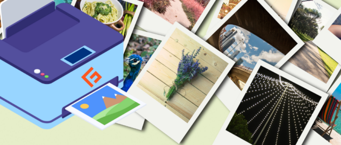 A printer surrounded by photos and pictures.