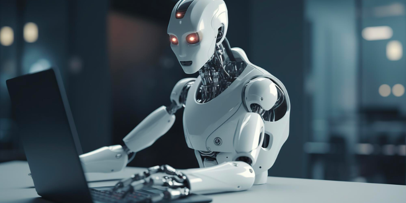 Un robot sentado en un escritorio con una computadora portátil.
