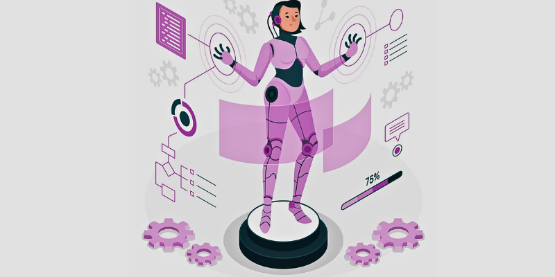 An illustration of a woman in a purple suit with gears and gears.