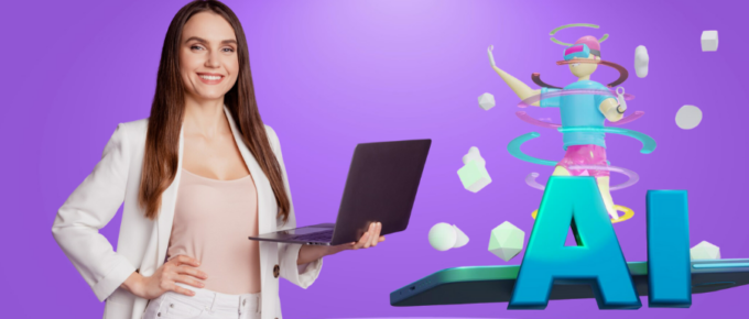 A woman with an AI Marketing Assistant laptop.