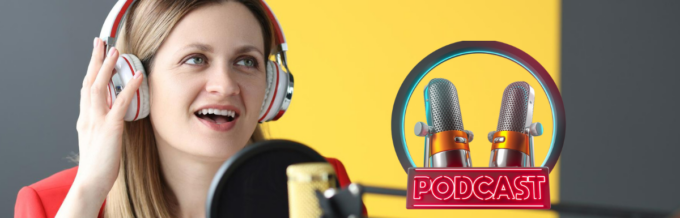 A woman wearing headphones and a microphone in front of a microphone.