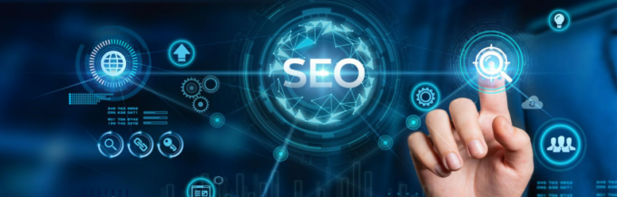 A hand is pointing at a seo icon on a blue background.