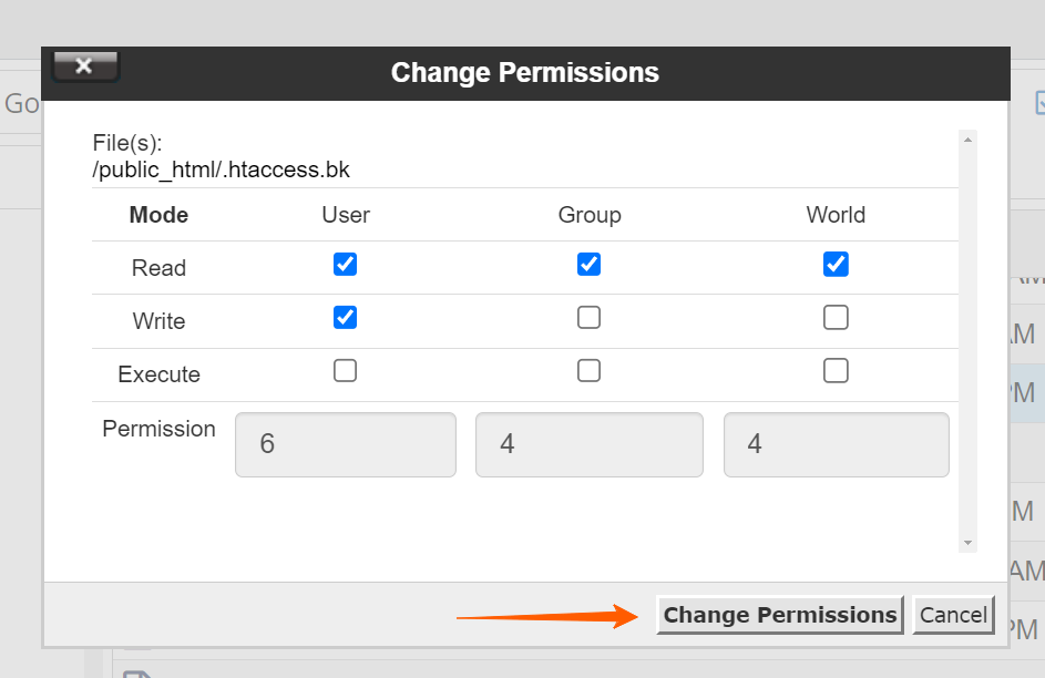 A screenshot of the change permissions screen.