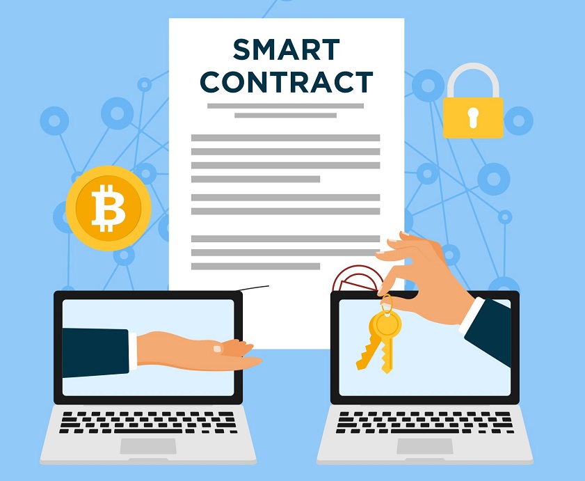 Two hands holding a laptop displaying smart contracts.